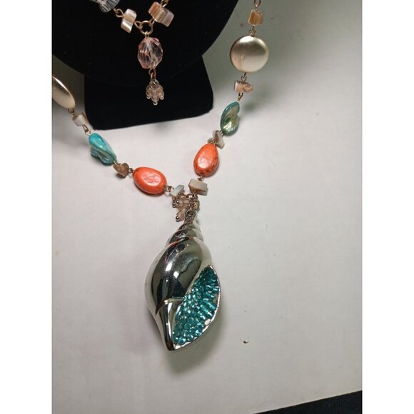 Statement Necklace Nautical Mermaid Gemstone Shell Fish Cruise Beachy Coastal - Picture 3 of 8